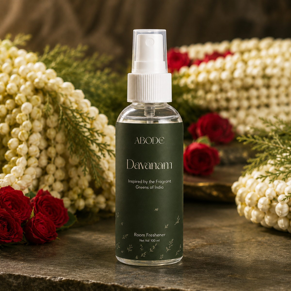 ABODE Davanam Room Freshener Spray | Inspired by Davana, Tulsi & Temple Garlands | Green Herbal Fragrance for Pooja Room, Living Room & Bedroom | Gas-Free Spray | 100 ml