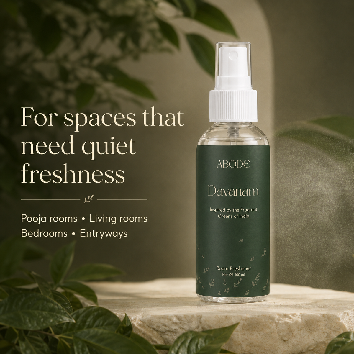 ABODE Davanam Room Freshener Spray | Inspired by Davana, Tulsi & Temple Garlands | Green Herbal Fragrance for Pooja Room, Living Room & Bedroom | Gas-Free Spray | 100 ml