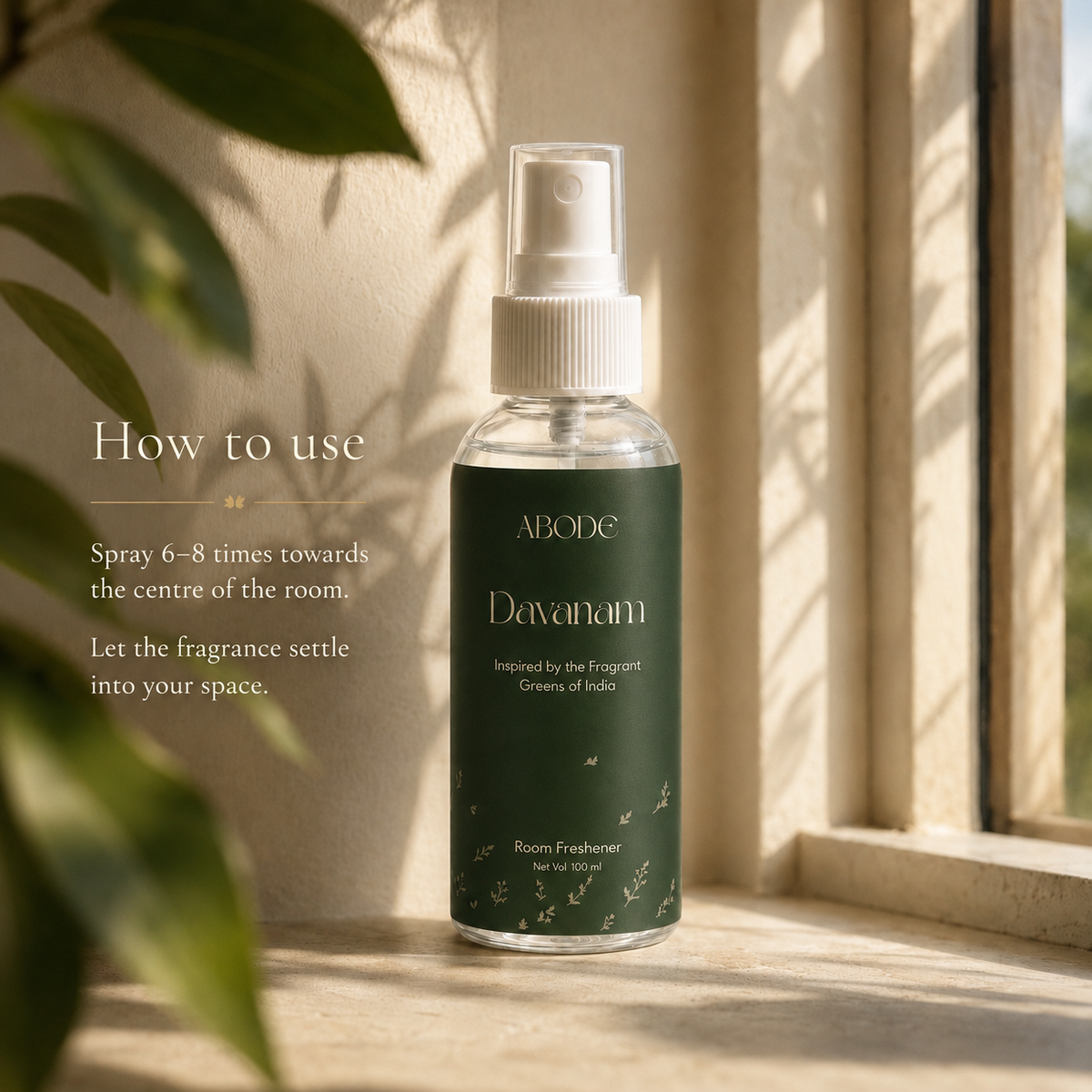 ABODE Davanam Room Freshener Spray | Inspired by Davana, Tulsi & Temple Garlands | Green Herbal Fragrance for Pooja Room, Living Room & Bedroom | Gas-Free Spray | 100 ml