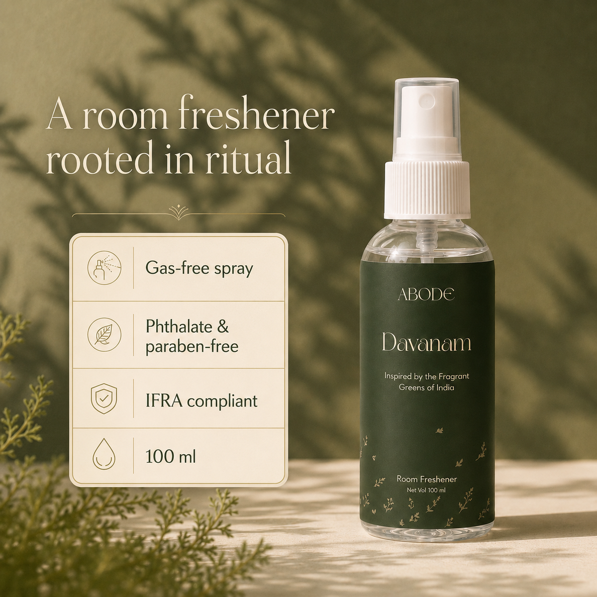 ABODE Davanam Room Freshener Spray | Inspired by Davana, Tulsi & Temple Garlands | Green Herbal Fragrance for Pooja Room, Living Room & Bedroom | Gas-Free Spray | 100 ml