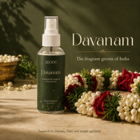 ABODE Davanam Room Freshener Spray | Inspired by Davana, Tulsi & Temple Garlands | Green Herbal Fragrance for Pooja Room, Living Room & Bedroom | Gas-Free Spray | 100 ml