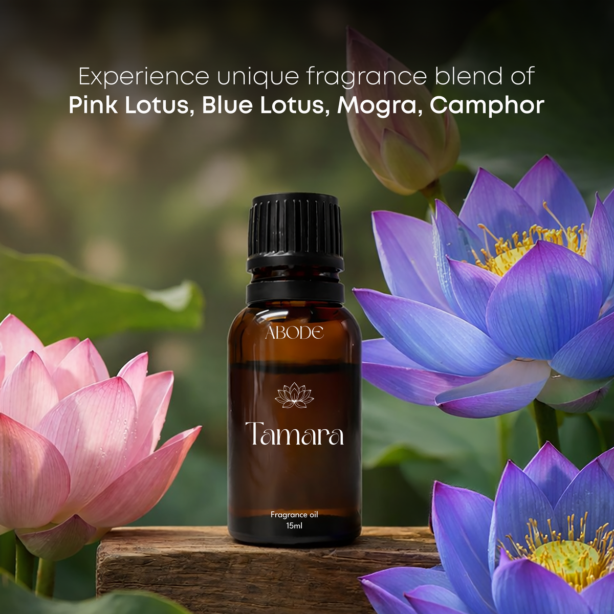 ABODE Tamara Fragrance Oil | 15ml |  Pink Lotus, Blue Lotus, Mogra & Camphor Blend | Calm & Meditative Home Aroma | For Diffusers