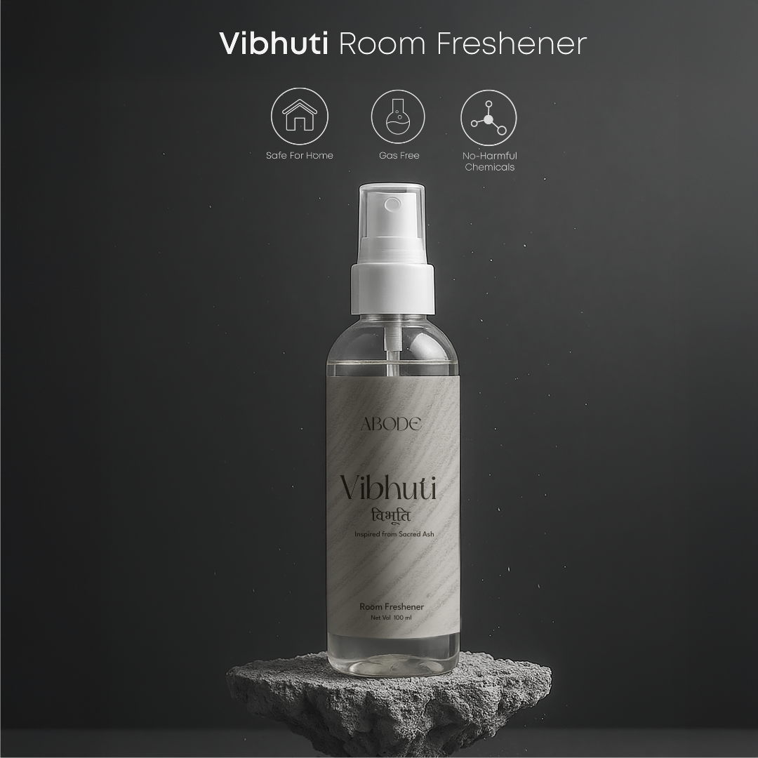 ABODE Vibhuti Room Freshener – Sacred Ash Inspired Aroma | Non-Toxic, Gas-Free Room Spray | Temple-Inspired Purity with Herbal, Woody Notes